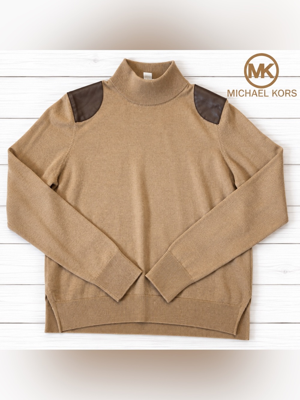 NWT Michael Kors Women’s Camel Turtleneck Sweater with Leather Shoulder Patches